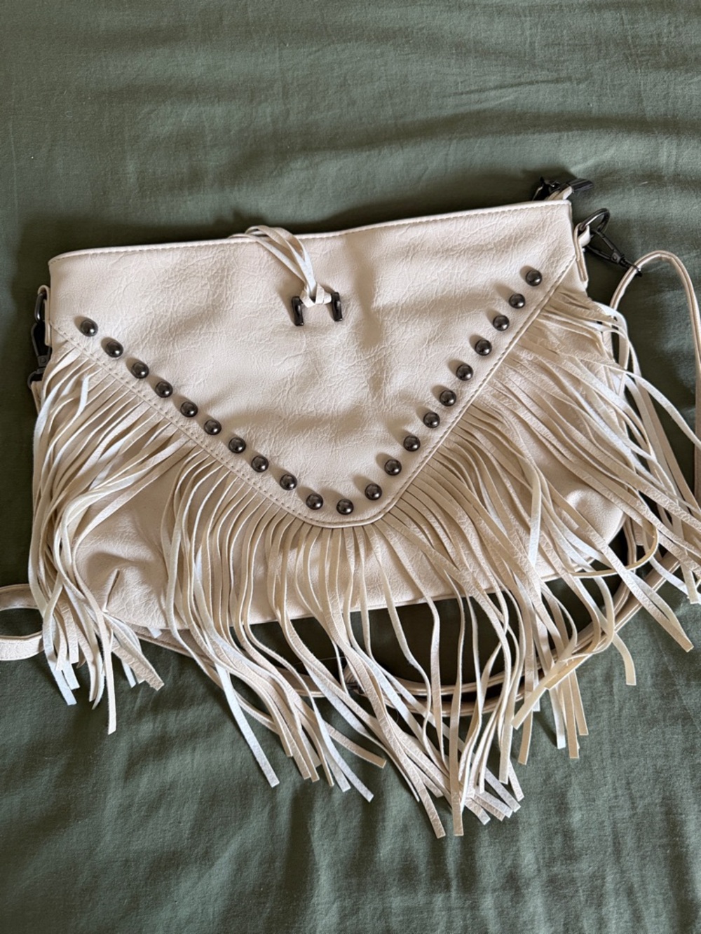 Fringed White Crossbody Bag with Stud Detail